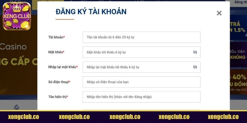 Điền thông tin đăng ký XENGCLUB