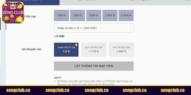 Điều kiện nạp tiền XENGCLUB