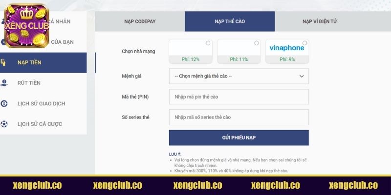 Lưu ý khi nạp tiền XENGCLUB