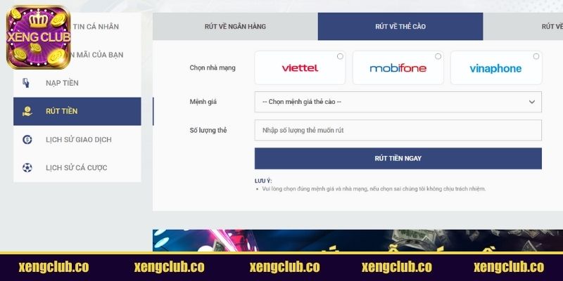 Tạo lệnh rút tiền XENGCLUB và thực hiện theo yêu cầu